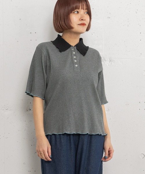 POU DOU DOU（プードゥドゥ）の「並びボタン配色衿半袖トップス（Tシャツ/カットソー・レディース・ブラウン/ダークグレー/アイボリー・3）」の15枚目の写真