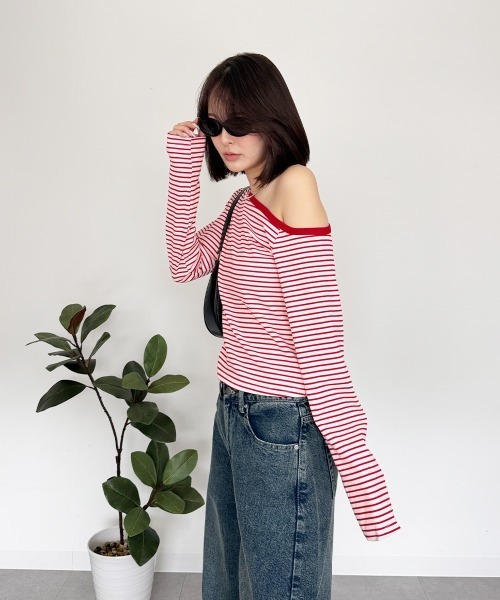 mellomela.(メロメラ)の「ボーダーワンショルトップス(Tシャツ/カットソー・レディース・レッド/ブラック/グレー・FREE)」の18枚目の写真