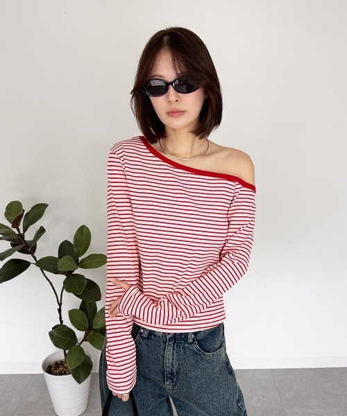 mellomela.(メロメラ)の「ボーダーワンショルトップス(Tシャツ/カットソー・レディース・レッド/ブラック/グレー・FREE)」の17枚目の写真