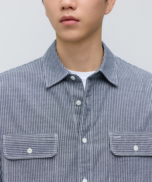 MUSINSA STANDARD（ムシンサスタンダード）の「ストライプワークシャツ[ブルー/ストライプ]（シャツ/ブラウス・メンズ・その他・SMALL/MEDIUM/LARGE/X-LARGE/2XL）」の4枚目の写真
