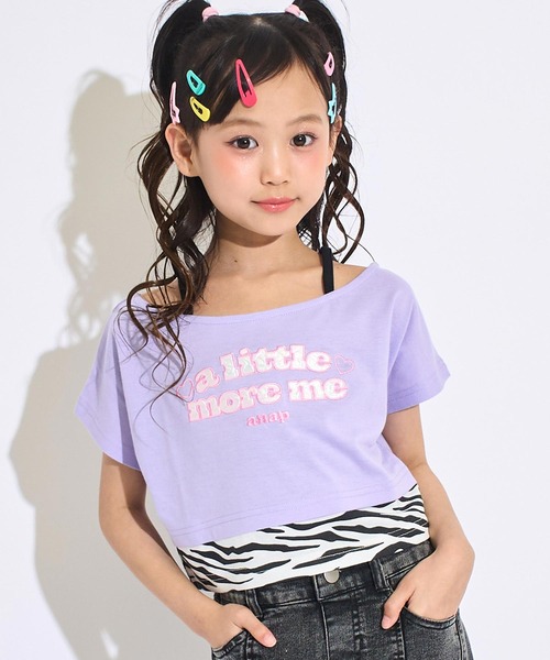 ANAP kids(アナップキッズ)の「オフショル風 レイヤード トップス Tシャツ(Tシャツ/カットソー・キッズ・ブラック/ホワイト/ラベンダー・130/120/110)」の3枚目の写真