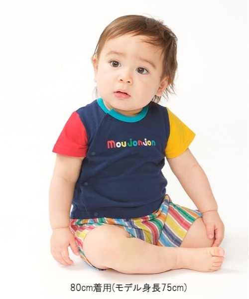 Moujonjon(ムージョンジョン)の「ストライプ切替半袖ロンパース(ロンパース・キッズ・ホワイト/ネイビー・80/70)」の2枚目の写真