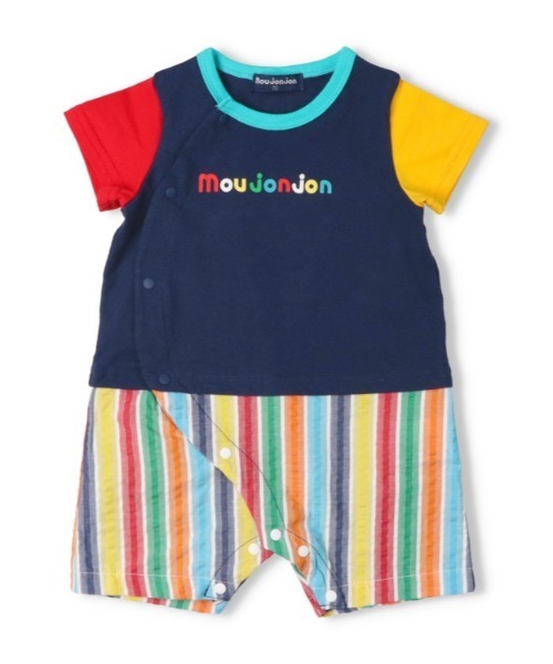 Moujonjon(ムージョンジョン)の「ストライプ切替半袖ロンパース(ロンパース・キッズ・ホワイト/ネイビー・80/70)」の5枚目の写真