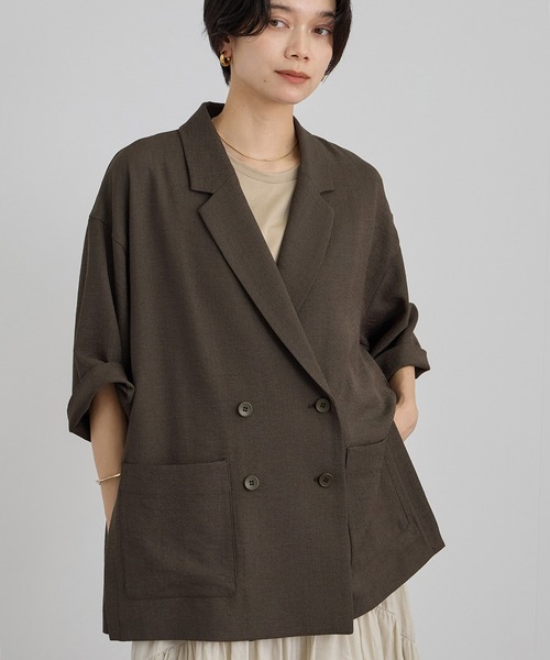 SALON adam et rope'（サロン アダム エ ロペ）の「リネンライクハーフスリーブジャケット / セットアップ対応（テーラードジャケット・レディース・ブラック/ベージュ/ブラウン・FREE）」の3枚目の写真