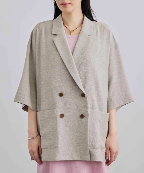 SALON adam et rope'（サロン アダム エ ロペ）の「リネンライクハーフスリーブジャケット / セットアップ対応（テーラードジャケット・レディース・ブラック/ベージュ/ブラウン・FREE）」の12枚目の写真
