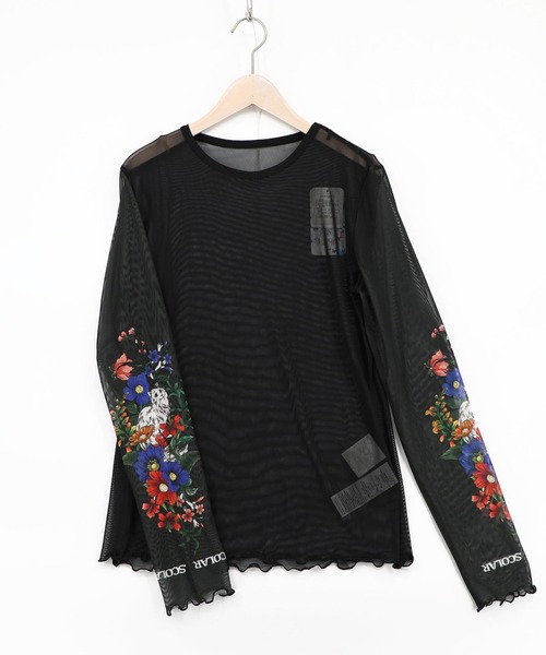 ScoLar(スカラー)の「ScoLar(スカラー) 花ネコプリント袖チュールインナー(Tシャツ/カットソー・レディース・ピンク/ブラック/グレー/グリーン・MEDIUM)」の2枚目の写真