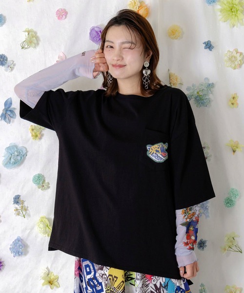 ScoLar(スカラー)の「ScoLar(スカラー) 花ネコプリント袖チュールインナー(Tシャツ/カットソー・レディース・ピンク/ブラック/グレー/グリーン・MEDIUM)」の5枚目の写真