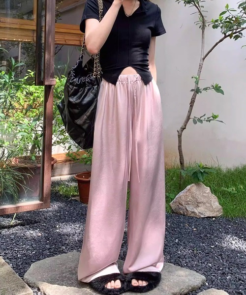 Miniministore（ミニミニストア）の「ワイドパンツ チャイナ風 ハイウエスト（デニムパンツ・レディース・ダークグレー/アイボリー/ブラック/ピンク・M/XL/L）」の7枚目の写真