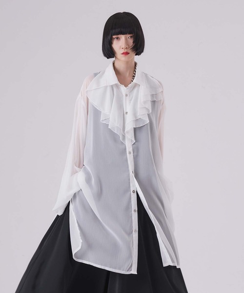 ラッフル襟ロングシアーシャツ（シャツ/ブラウス）｜狐独（コドク）の