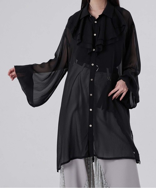 ラッフル襟ロングシアーシャツ（シャツ/ブラウス）｜狐独（コドク）の
