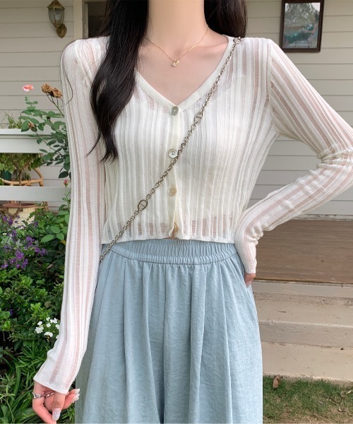 LUCPY(ラクピー)の「シアーリブカーディガン 長袖 ショート丈 フェミニン トップス(カーディガン/ボレロ・レディース・ホワイト/グレー/ブラック・FREE)」の1枚目の写真