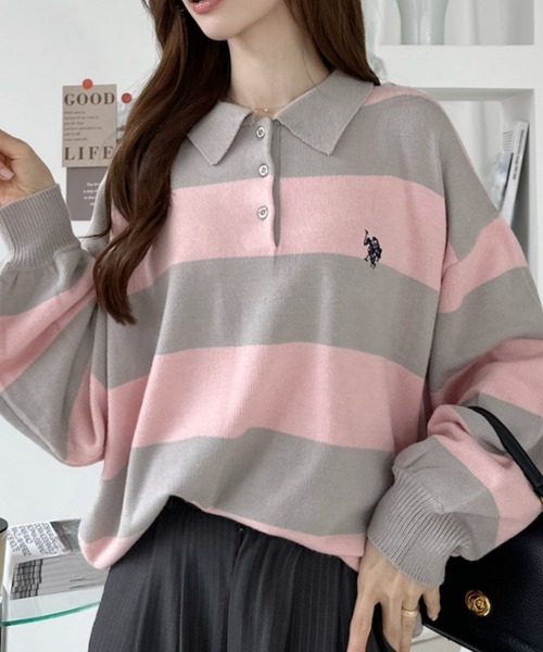 U.S. POLO ASSN.(ユーエスポロアッスン)の「【U.S. POLO ASSN. 】ジャガード 無地 & 太ボーダー ニット ポロシャツ(ポロシャツ・レディース・ピンク系/アイボリー/ネイビー/サックスブルー・M/L)」の4枚目の写真