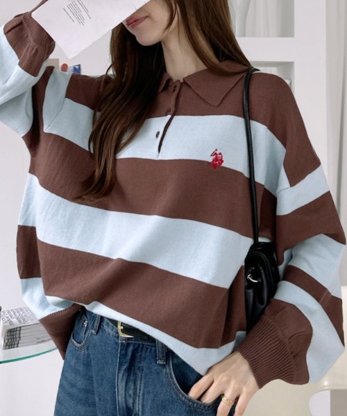 U.S. POLO ASSN.(ユーエスポロアッスン)の「【U.S. POLO ASSN. 】ジャガード 無地 & 太ボーダー ニット ポロシャツ(ポロシャツ・レディース・ピンク系/アイボリー/ネイビー/サックスブルー・M/L)」の3枚目の写真