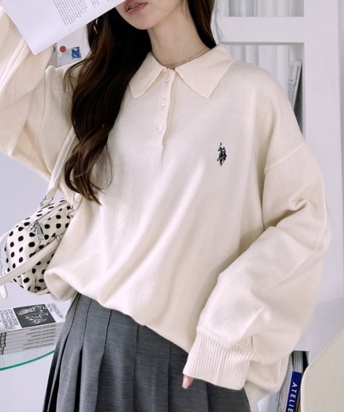 U.S. POLO ASSN.(ユーエスポロアッスン)の「【U.S. POLO ASSN. 】ジャガード 無地 & 太ボーダー ニット ポロシャツ(ポロシャツ・レディース・ピンク系/アイボリー/ネイビー/サックスブルー・M/L)」の1枚目の写真