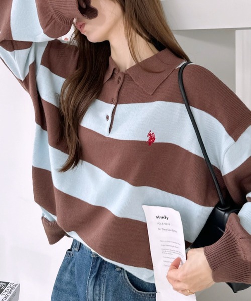 U.S. POLO ASSN.(ユーエスポロアッスン)の「【U.S. POLO ASSN. 】ジャガード 無地 & 太ボーダー ニット ポロシャツ(ポロシャツ・レディース・ピンク系/アイボリー/ネイビー/サックスブルー・M/L)」の6枚目の写真