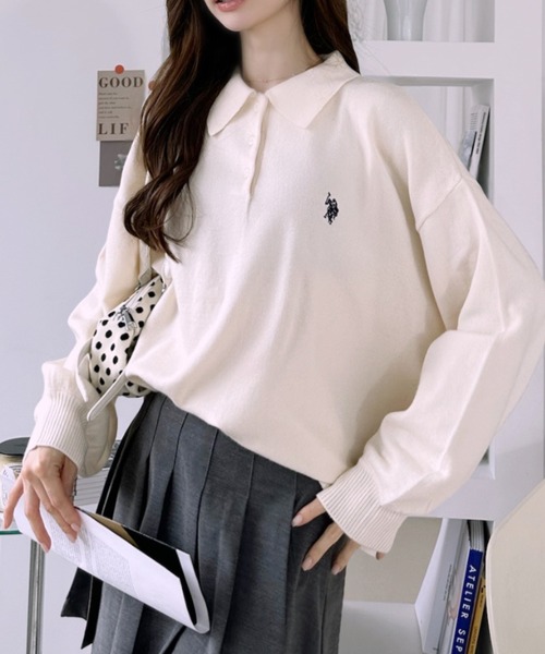U.S. POLO ASSN.(ユーエスポロアッスン)の「【U.S. POLO ASSN. 】ジャガード 無地 & 太ボーダー ニット ポロシャツ(ポロシャツ・レディース・ピンク系/アイボリー/ネイビー/サックスブルー・M/L)」の15枚目の写真
