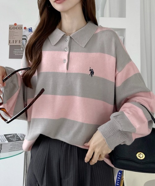 U.S. POLO ASSN.(ユーエスポロアッスン)の「【U.S. POLO ASSN. 】ジャガード 無地 & 太ボーダー ニット ポロシャツ(ポロシャツ・レディース・ピンク系/アイボリー/ネイビー/サックスブルー・M/L)」の12枚目の写真