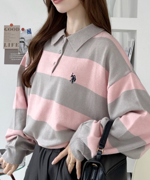 U.S. POLO ASSN.(ユーエスポロアッスン)の「【U.S. POLO ASSN. 】ジャガード 無地 & 太ボーダー ニット ポロシャツ(ポロシャツ・レディース・ピンク系/アイボリー/ネイビー/サックスブルー・M/L)」の9枚目の写真