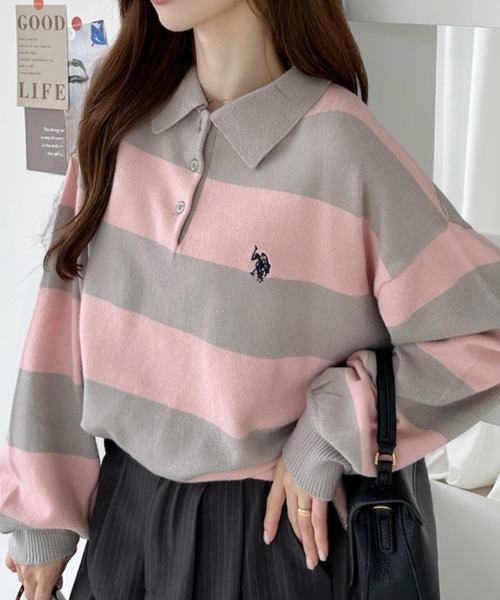 U.S. POLO ASSN.(ユーエスポロアッスン)の「【U.S. POLO ASSN. 】ジャガード 無地 & 太ボーダー ニット ポロシャツ(ポロシャツ・レディース・ピンク系/アイボリー/ネイビー/サックスブルー・M/L)」の7枚目の写真