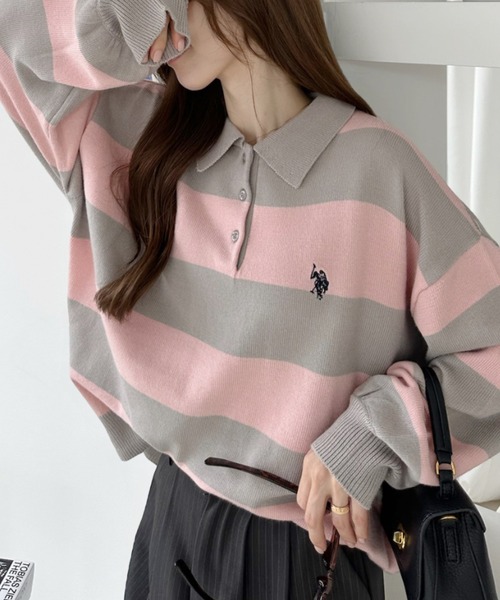 U.S. POLO ASSN.(ユーエスポロアッスン)の「【U.S. POLO ASSN. 】ジャガード 無地 & 太ボーダー ニット ポロシャツ(ポロシャツ・レディース・ピンク系/アイボリー/ネイビー/サックスブルー・M/L)」の11枚目の写真