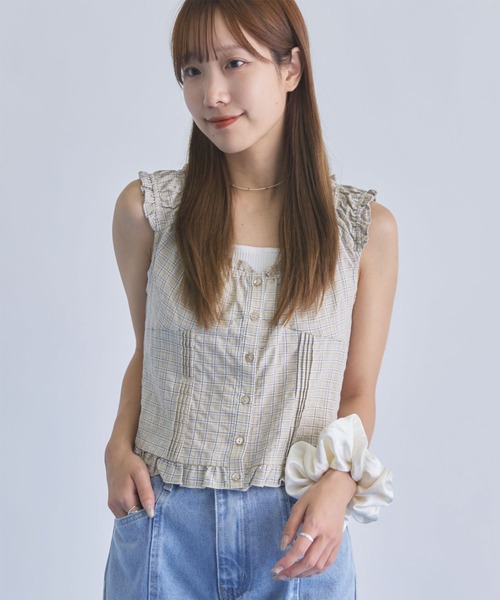 archives(アルシーヴ)の「2wayチェックオフショルBL(シャツ/ブラウス・レディース・ベージュ/オフホワイト/グリーン・MEDIUM)」の2枚目の写真