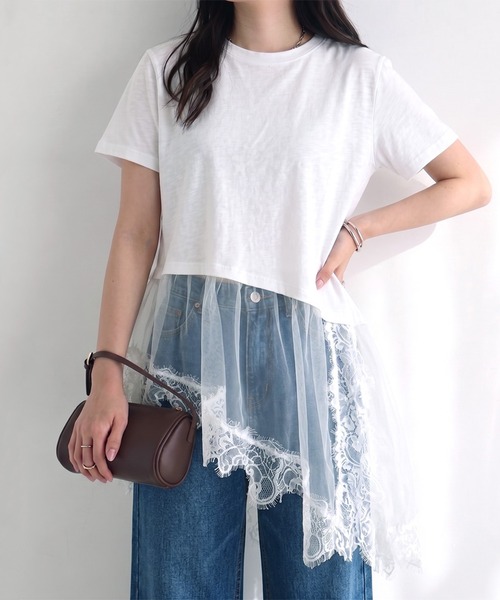 CRB(シーアールビー)の「裾レースレイヤーTシャツ(Tシャツ/カットソー・レディース・ブラック/オフホワイト・F)」の2枚目の写真
