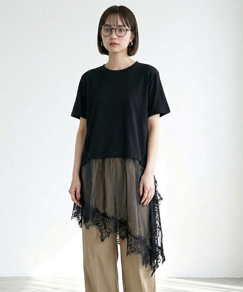 CRB(シーアールビー)の「裾レースレイヤーTシャツ(Tシャツ/カットソー・レディース・ブラック/オフホワイト・F)」の7枚目の写真