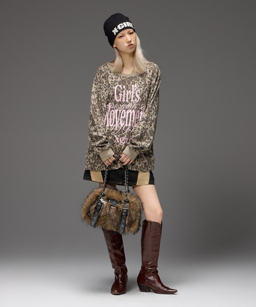 X-girl（エックスガール）の「MIXED FONT THERMAL L/S TEE（Tシャツ/カットソー・レディース・レオパード/アッシュ・ONE SIZE）」の7枚目の写真