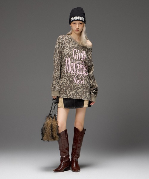 X-girl（エックスガール）の「MIXED FONT THERMAL L/S TEE（Tシャツ/カットソー・レディース・レオパード/アッシュ・ONE SIZE）」の8枚目の写真