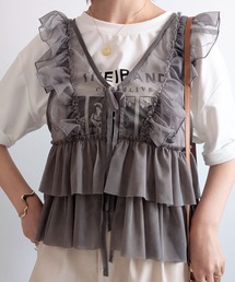 《数量限定》シアーチュール フリルティアードレイヤードビスチェ リボンキャミソール ベスト 秋服 冬服 きれいめカジュアル ガーリー フェミニン