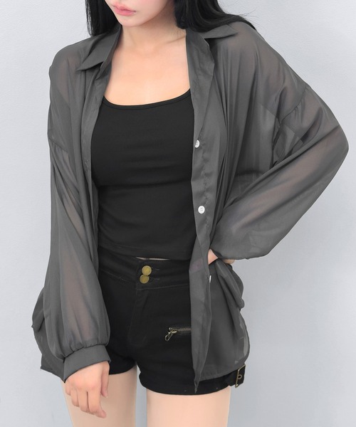 FOLLOWIN（フォロウィン）の「【3COLOR/シアー/冷房・UV対策】シアーオーバーシャツブラウス（シャツ/ブラウス・レディース・ホワイト/グレー/ブラック・FREE）」の3枚目の写真