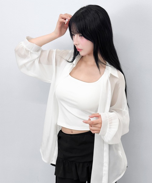 FOLLOWIN（フォロウィン）の「【3COLOR/シアー/冷房・UV対策】シアーオーバーシャツブラウス（シャツ/ブラウス・レディース・ホワイト/グレー/ブラック・FREE）」の6枚目の写真