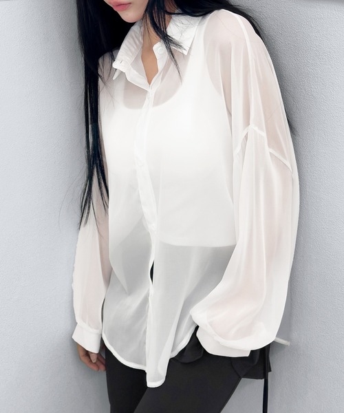 FOLLOWIN（フォロウィン）の「【3COLOR/シアー/冷房・UV対策】シアーオーバーシャツブラウス（シャツ/ブラウス・レディース・ホワイト/グレー/ブラック・FREE）」の9枚目の写真