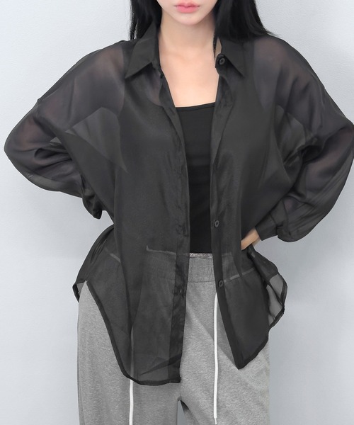 FOLLOWIN（フォロウィン）の「【3COLOR/シアー/冷房・UV対策】シアーオーバーシャツブラウス（シャツ/ブラウス・レディース・ホワイト/グレー/ブラック・FREE）」の14枚目の写真