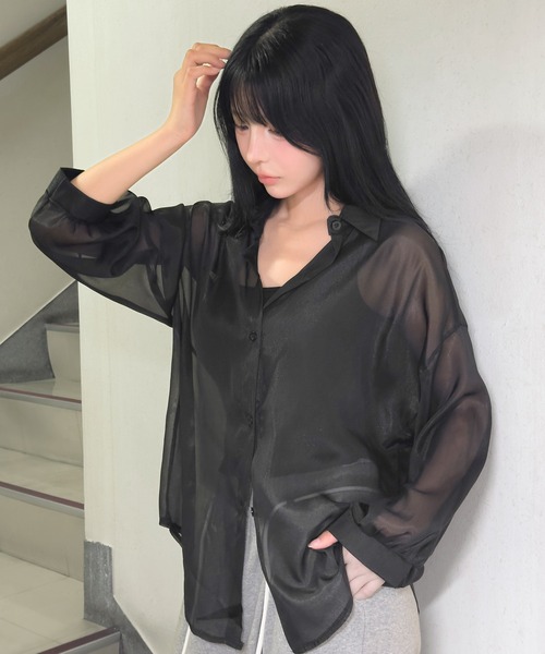 FOLLOWIN（フォロウィン）の「【3COLOR/シアー/冷房・UV対策】シアーオーバーシャツブラウス（シャツ/ブラウス・レディース・ホワイト/グレー/ブラック・FREE）」の20枚目の写真