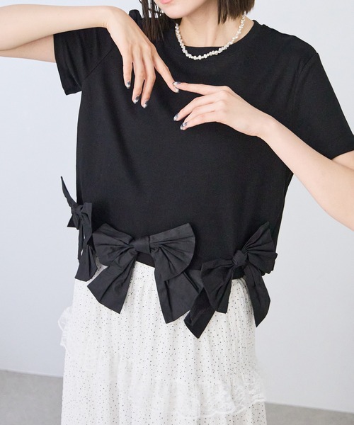 each(イーチ)の「裾リボンフレンチスリーブTシャツ(Tシャツ/カットソー・レディース・ブラック/ホワイト・FREE)」の2枚目の写真