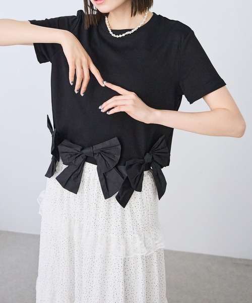 each(イーチ)の「裾リボンフレンチスリーブTシャツ(Tシャツ/カットソー・レディース・ブラック/ホワイト・FREE)」の11枚目の写真