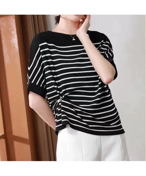 Carpe Diem（カルペディエム）の「ドルマンスリーブ ボーダーニットTシャツ（ニット/セーター・レディース・ブラック/ホワイト・FREE）」の11枚目の写真