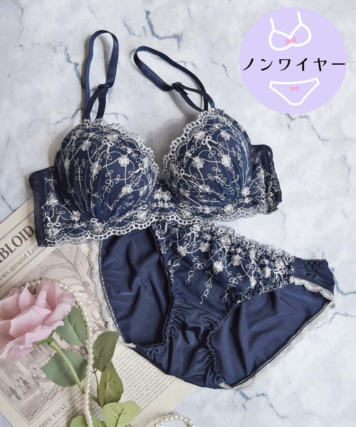 【ノンワイヤー/ラクして整う！ストレスフリーで上品なフィット感♪】上下セット/M-LL/フラワーブーケ