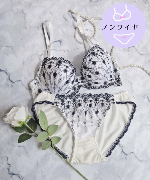 【ノンワイヤー/ラクして整う！ストレスフリーで上品なフィット感♪】上下セット/M-LL/フラワーブーケ