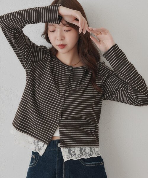 DISCOAT（ディスコート）の「【WEB限定】ボーダー裾レースカーディガン（Tシャツ/カットソー・レディース・ライトベージュ/アイボリー/ブラック/グレー/ブラウン・FREE）」の4枚目の写真