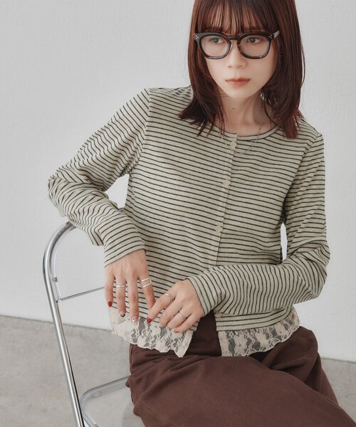 DISCOAT（ディスコート）の「【WEB限定】ボーダー裾レースカーディガン（Tシャツ/カットソー・レディース・ライトベージュ/アイボリー/ブラック/グレー/ブラウン・FREE）」の5枚目の写真