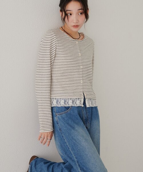 DISCOAT（ディスコート）の「【WEB限定】ボーダー裾レースカーディガン（Tシャツ/カットソー・レディース・ライトベージュ/アイボリー/ブラック/グレー/ブラウン・FREE）」の10枚目の写真