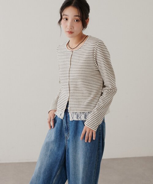 DISCOAT（ディスコート）の「【WEB限定】ボーダー裾レースカーディガン（Tシャツ/カットソー・レディース・ライトベージュ/アイボリー/ブラック/グレー/ブラウン・FREE）」の11枚目の写真