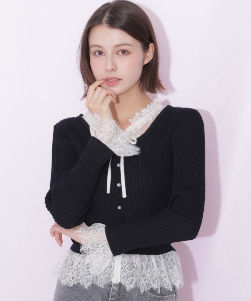 JILL by JILL STUART(ジルバイジルスチュアート)の「レースレイヤードリブニット(ニット/セーター・レディース・ブラック/グレー/レッド・FREE)」の4枚目の写真