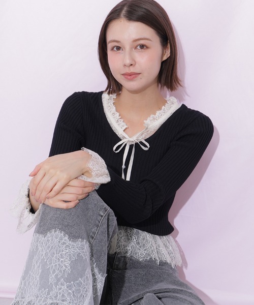 JILL by JILL STUART(ジルバイジルスチュアート)の「レースレイヤードリブニット(ニット/セーター・レディース・ブラック/グレー/レッド・FREE)」の11枚目の写真