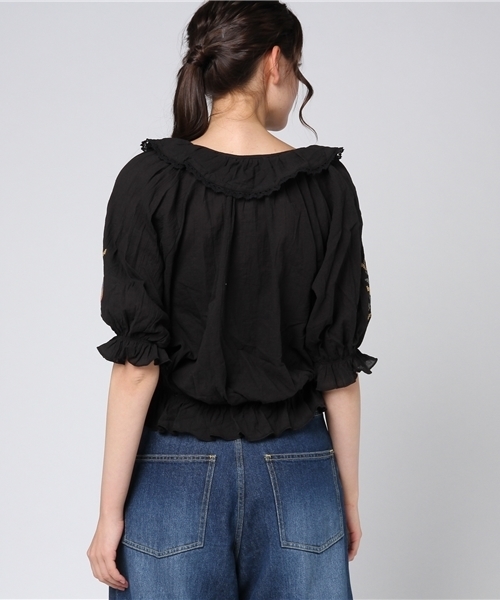 mysty woman（ミスティウーマン）の「コットンボイル刺繍入りスモッグブラウス（シャツ/ブラウス・レディース・ブラック/イエロー系その他/オフホワイト・FREE）」の5枚目の写真