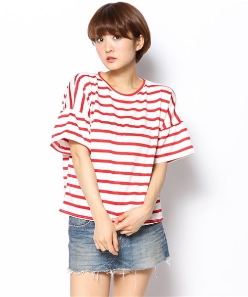 Kastane（カスタネ）の「【Kastane】袖フレアーボーダーTOPS（Tシャツ/カットソー・レディース・ブラック/レッド/グレー/ホワイト・FREE）」の11枚目の写真