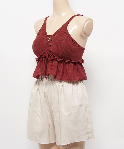 Dita（ディータ）の「【3点セット】ショートパンツ付き編み上げフリルトップスビキニセット【RT】（水着・レディース・ブラック/テラコッタ/カーキ・M/L/XL）」の7枚目の写真