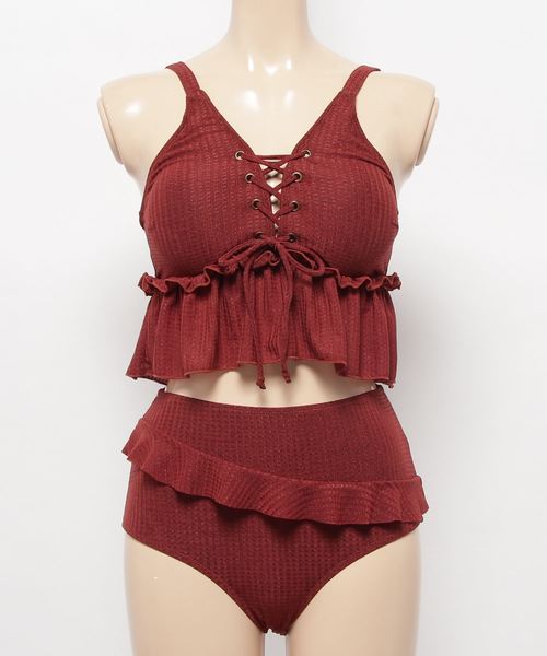 Dita（ディータ）の「【3点セット】ショートパンツ付き編み上げフリルトップスビキニセット【RT】（水着・レディース・ブラック/テラコッタ/カーキ・M/L/XL）」の11枚目の写真